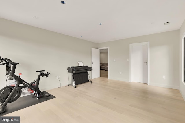 workout room featuring light hardwood / wood-style floors