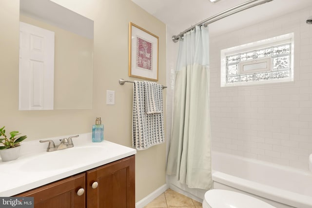 full bathroom featuring tile patterned flooring, shower / bath combo, vanity, and toilet