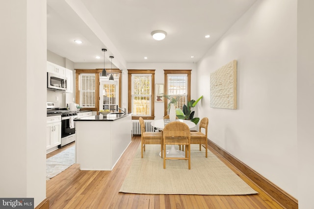 dining space featuring radiator and light hardwood / wood-style flooring