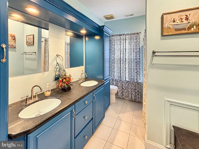 bathroom with vanity, toilet, and tile patterned floors