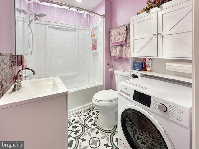 full bathroom with washer / dryer, tasteful backsplash, shower / bathtub combination with curtain, toilet, and vanity