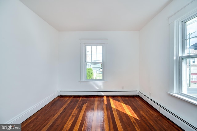 unfurnished room with dark hardwood / wood-style flooring and baseboard heating