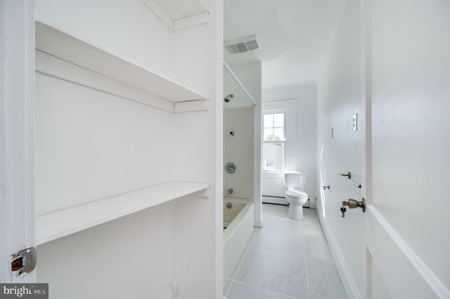 bathroom with baseboard heating, shower / washtub combination, ornamental molding, and toilet