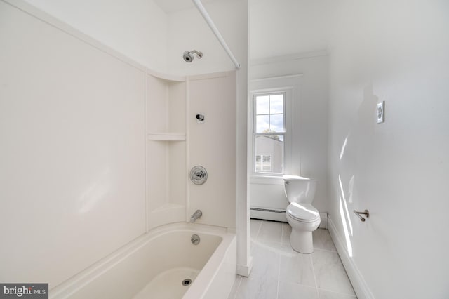 bathroom featuring tub / shower combination, a baseboard heating unit, toilet, and tile patterned floors