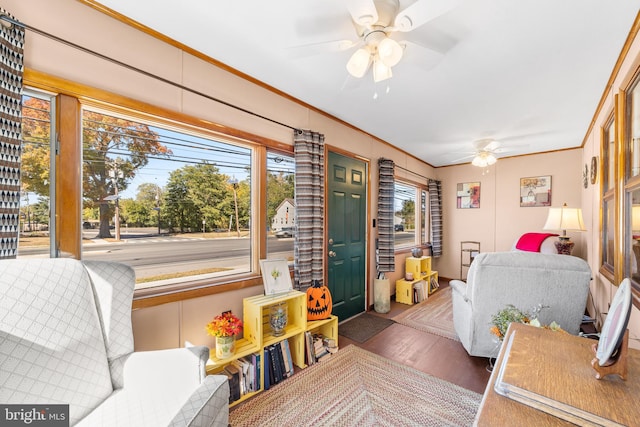 bedroom with dark hardwood / wood-style flooring, multiple windows, crown molding, and ceiling fan