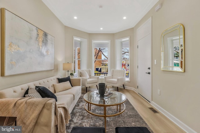 living room featuring light hardwood / wood-style floors and ornamental molding