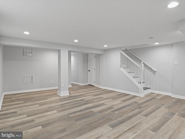 basement with light wood-type flooring