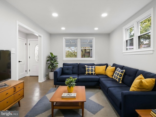 living room with dark hardwood / wood-style flooring