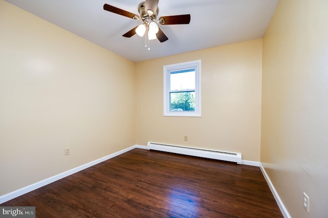 unfurnished room featuring ceiling fan, dark hardwood / wood-style flooring, and a baseboard radiator