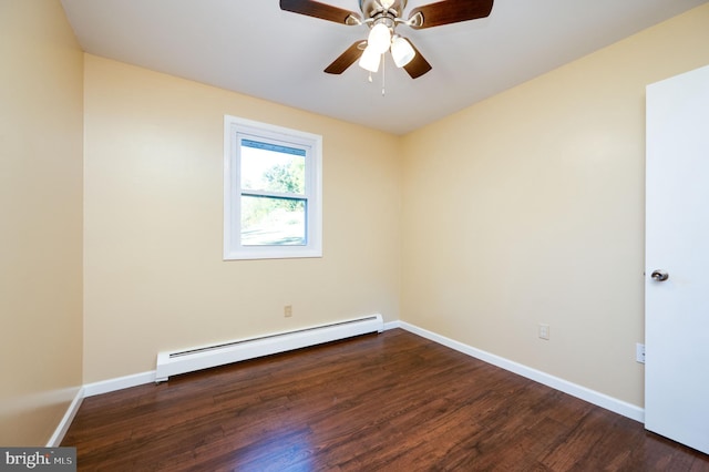 empty room featuring ceiling fan, dark wood-type flooring, and a baseboard heating unit