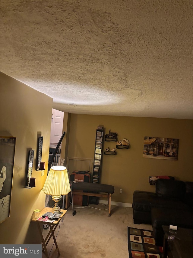 carpeted living room with a textured ceiling