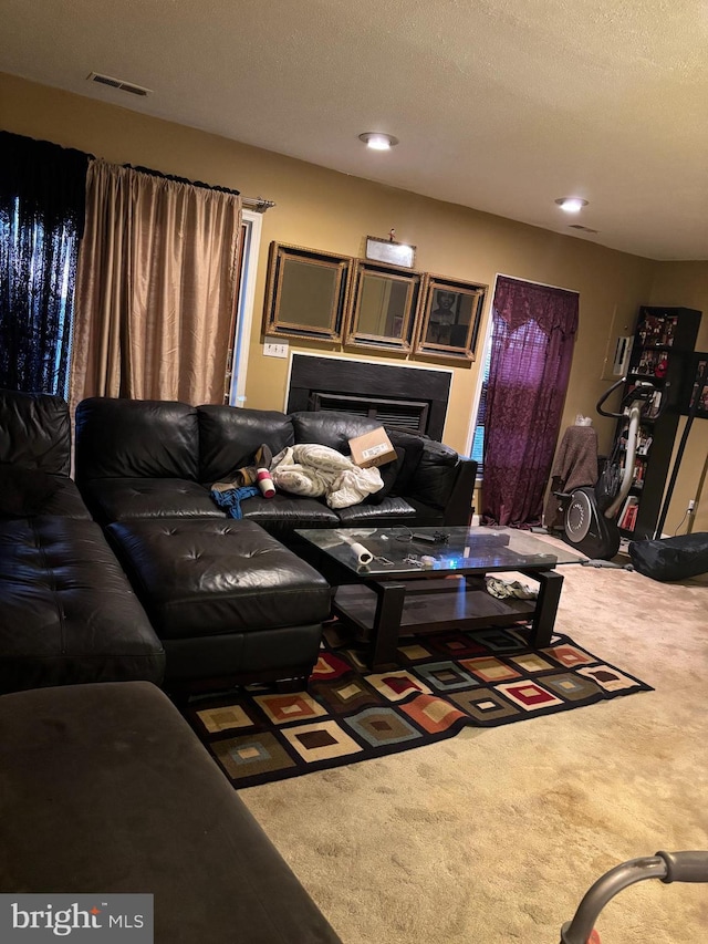 carpeted living room with a textured ceiling