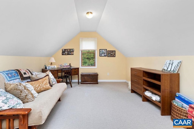 carpeted office with vaulted ceiling