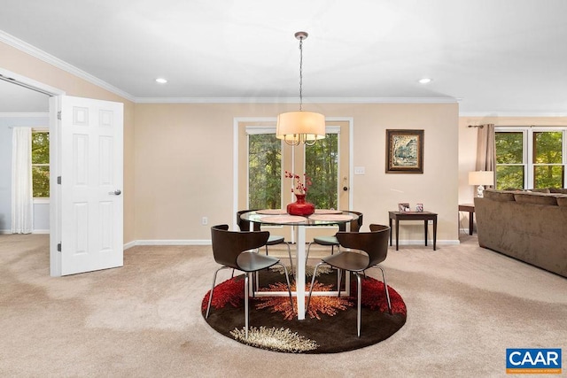 carpeted dining space featuring ornamental molding and a healthy amount of sunlight