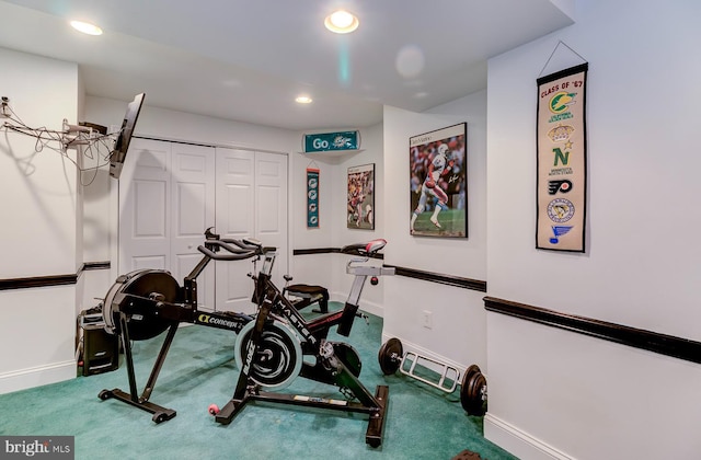 workout room featuring carpet floors