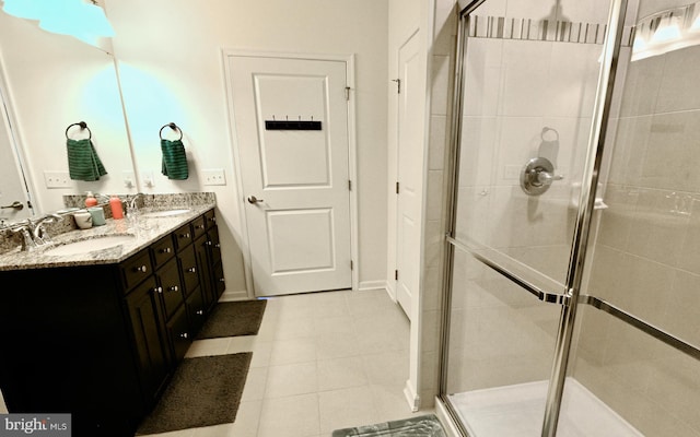 bathroom with vanity, walk in shower, and tile patterned flooring