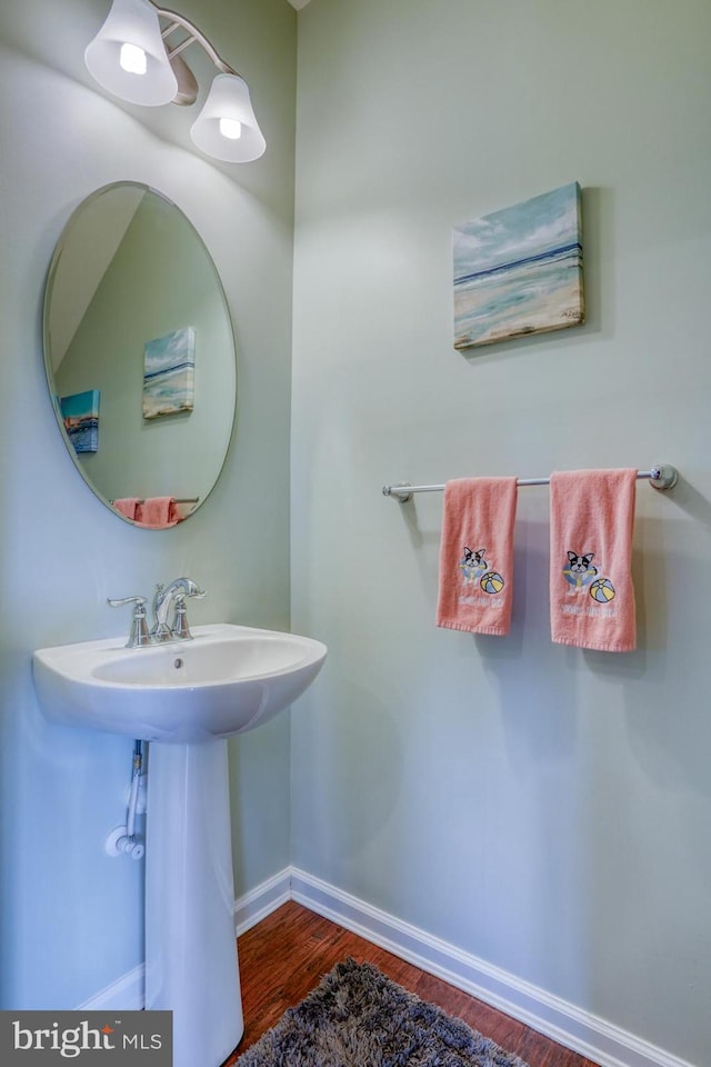 bathroom with hardwood / wood-style floors