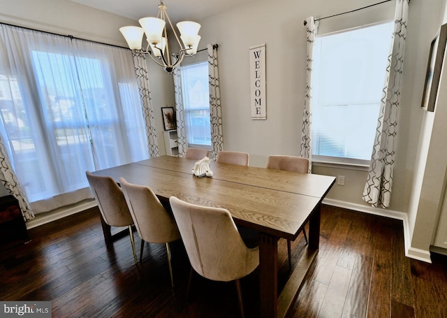 dining space with a chandelier, a healthy amount of sunlight, and dark hardwood / wood-style flooring