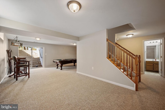 recreation room with carpet floors and billiards