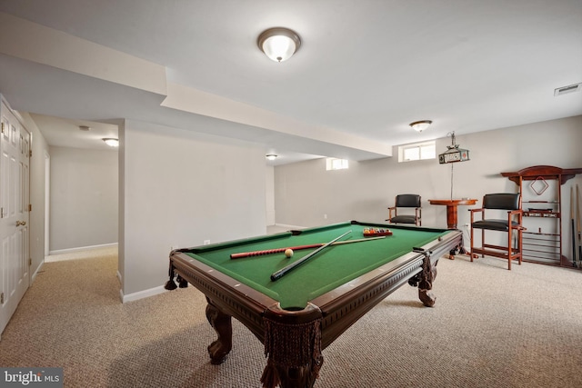 recreation room with light colored carpet and pool table