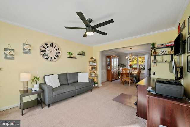 home office featuring crown molding, ceiling fan with notable chandelier, and light carpet