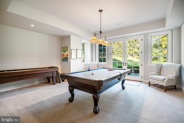 recreation room with light carpet, french doors, billiards, and a tray ceiling