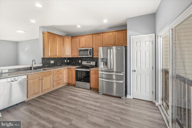 kitchen featuring backsplash, stainless steel appliances, light hardwood / wood-style floors, and sink