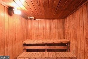 view of sauna featuring wood ceiling and wood walls