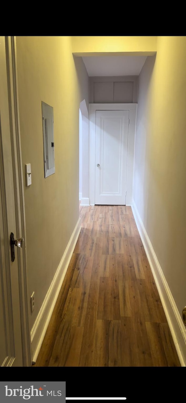 corridor featuring electric panel and dark hardwood / wood-style flooring