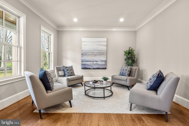 living room featuring plenty of natural light, wood-type flooring, and crown molding