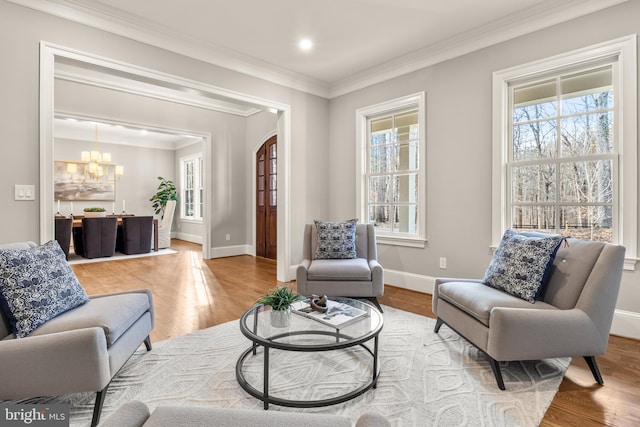 living room featuring hardwood / wood-style flooring, plenty of natural light, and ornamental molding