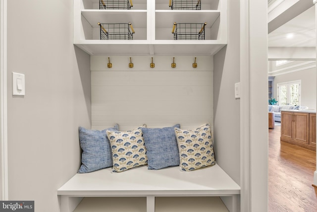 mudroom with light hardwood / wood-style flooring