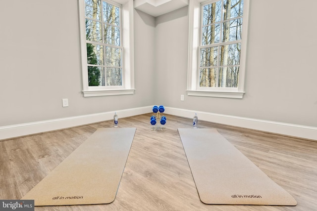 workout area with wood-type flooring