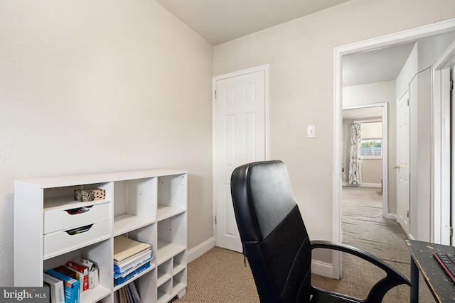 home office featuring light carpet