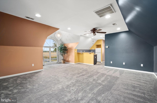 additional living space featuring lofted ceiling, carpet, and ceiling fan