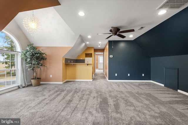 additional living space with lofted ceiling, carpet floors, and ceiling fan