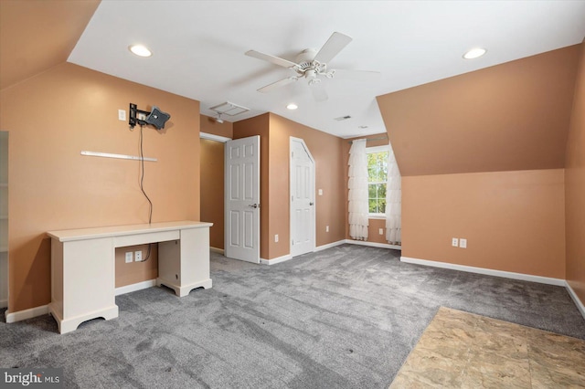 bonus room with lofted ceiling, carpet, and ceiling fan