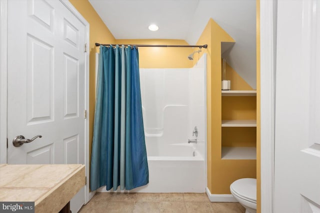 bathroom with shower / bath combination with curtain, toilet, and tile patterned flooring