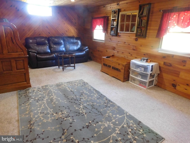 unfurnished living room with wooden walls and carpet