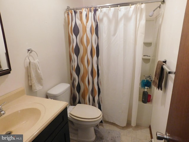 full bathroom with vanity, toilet, and shower / bathtub combination with curtain