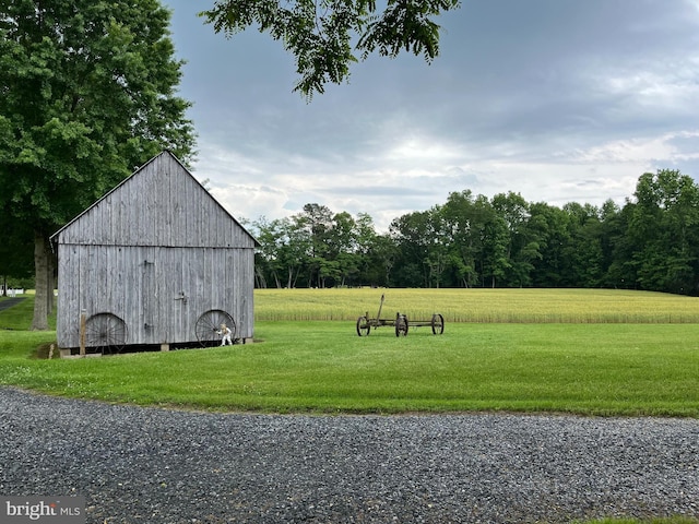 view of property's community with a yard and an outbuilding