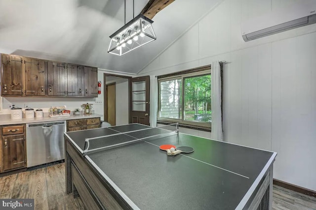 rec room featuring light hardwood / wood-style floors, an AC wall unit, vaulted ceiling, and wood walls