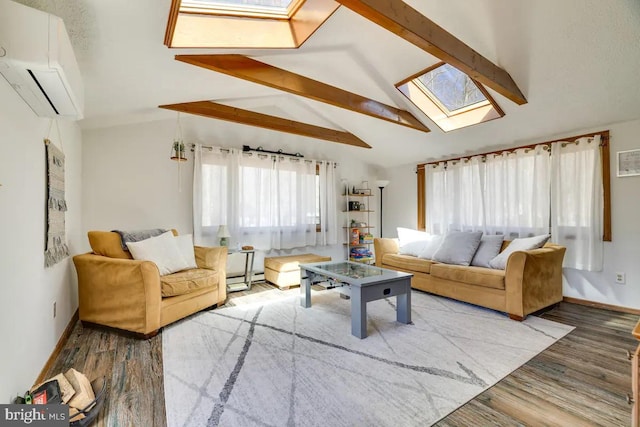 living room with vaulted ceiling with skylight, hardwood / wood-style floors, a wall mounted air conditioner, and a baseboard radiator