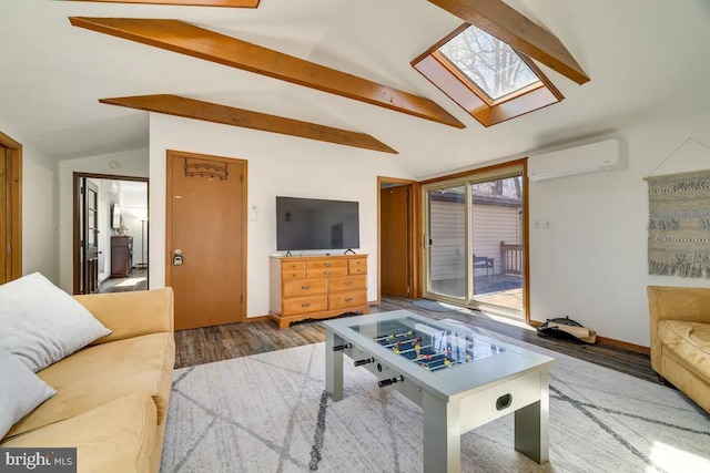 living room featuring lofted ceiling with skylight, a wall unit AC, and hardwood / wood-style floors