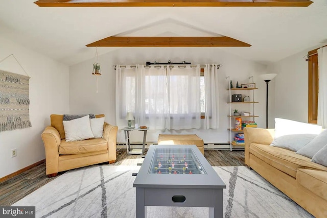 living room with baseboard heating, vaulted ceiling with beams, and dark hardwood / wood-style floors