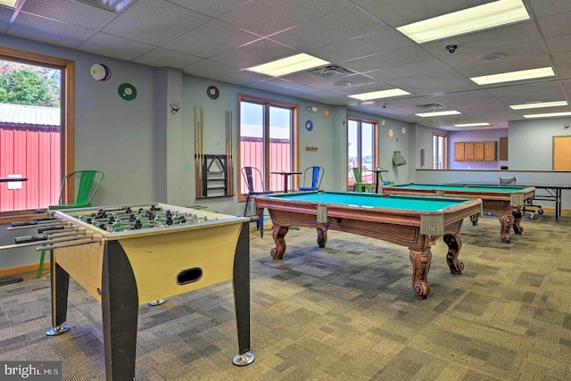 rec room featuring billiards, a wealth of natural light, a drop ceiling, and carpet floors