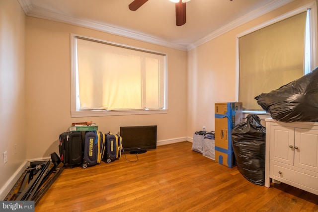 miscellaneous room with ornamental molding, light hardwood / wood-style floors, and ceiling fan