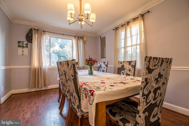 dining space with ornamental molding, dark hardwood / wood-style flooring, and a wealth of natural light