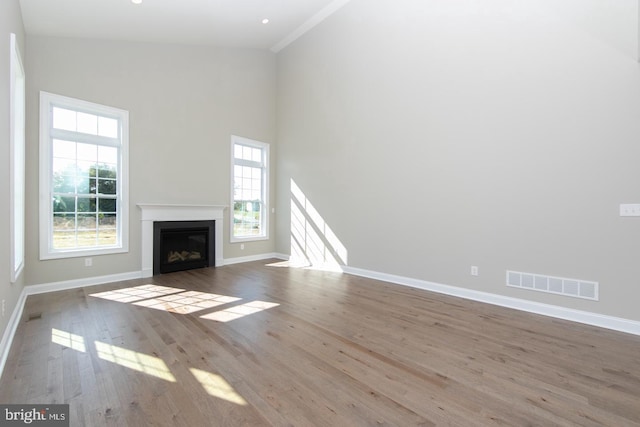 unfurnished living room with high vaulted ceiling and wood-type flooring