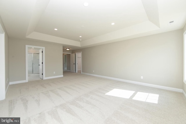 empty room with light carpet and a raised ceiling